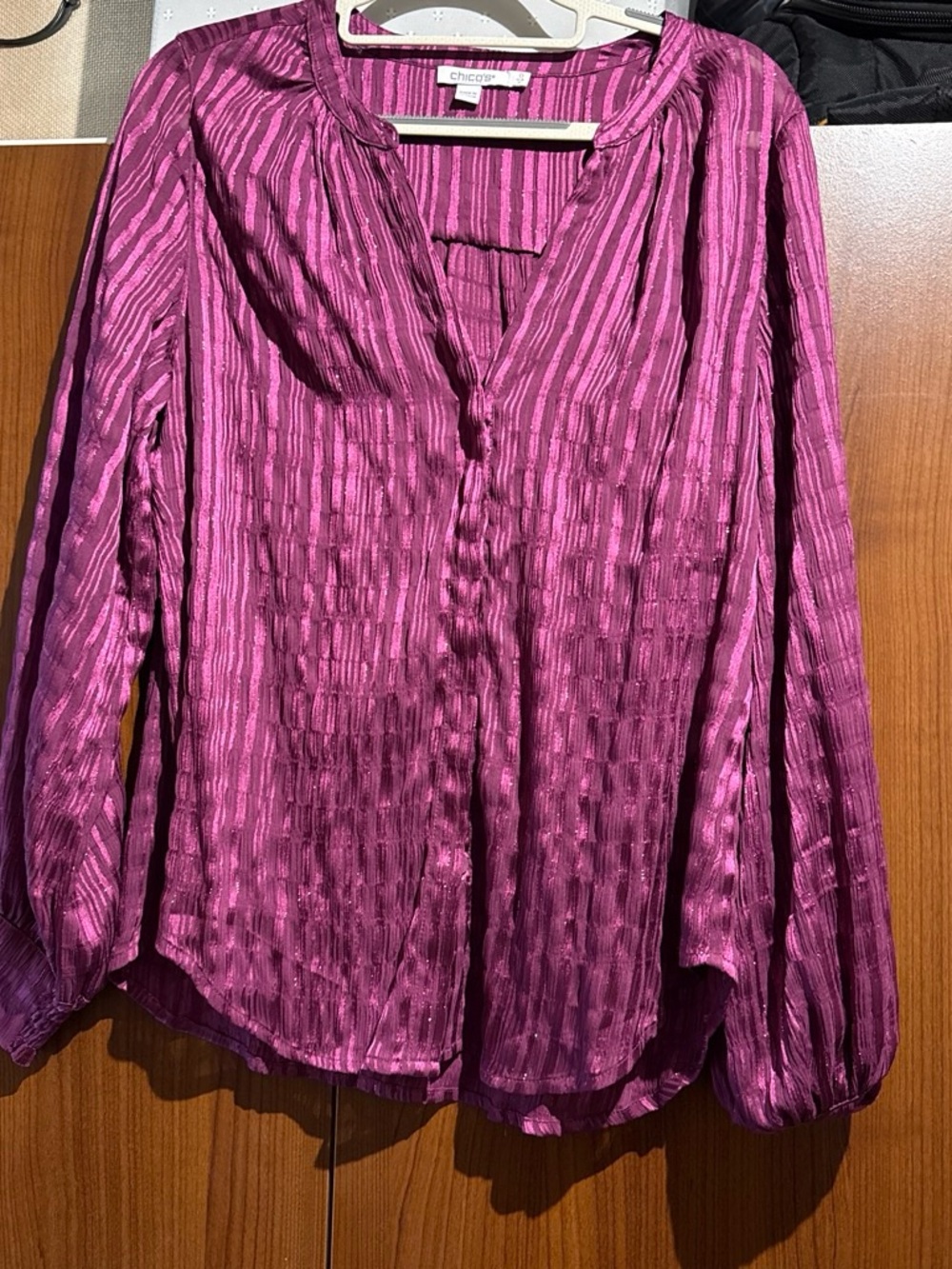 Chico's Magenta Striped V-Neck Long-Sleeve Blouse
